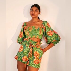FARM RIO Green Pineapple Galore Smocked Crop Top